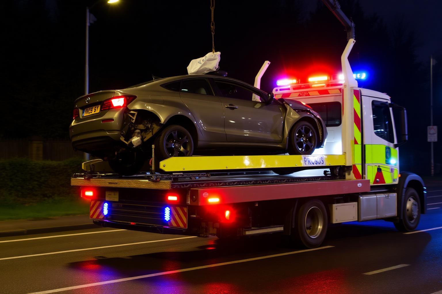 Damaged vehicle being recovered by Cat's Recovery on a UK road at night